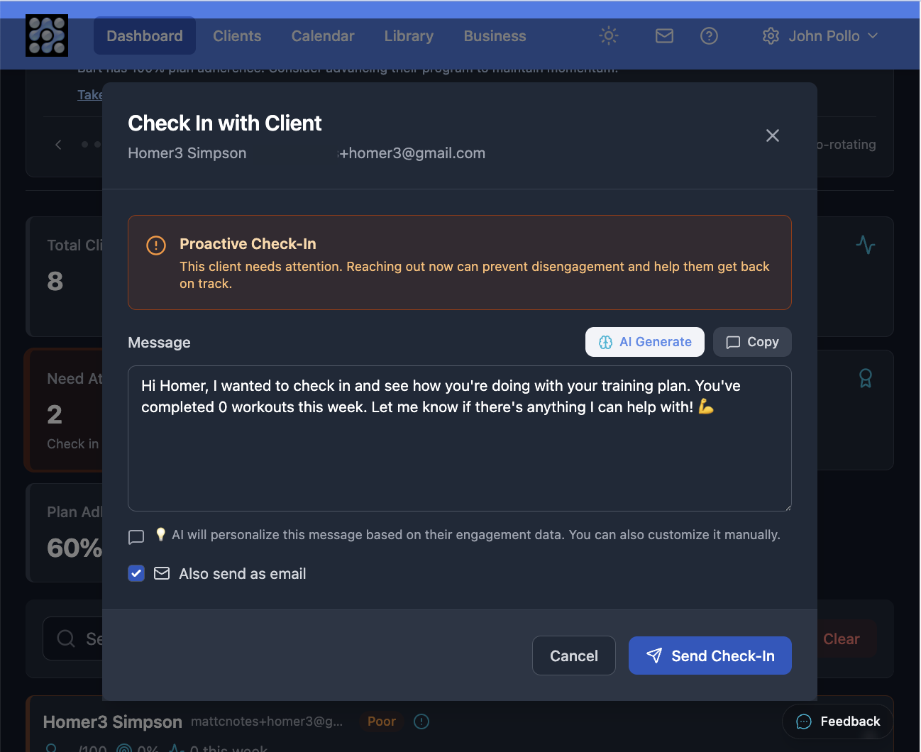 AI-generated check-in message for a disengaging client — review, edit, and send in seconds